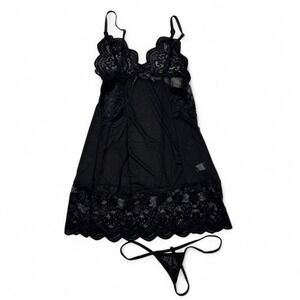 Black Mesh Lace Cami‎ Mini Dress Lingerie Sexy Feminine Babydoll 2 piece Small